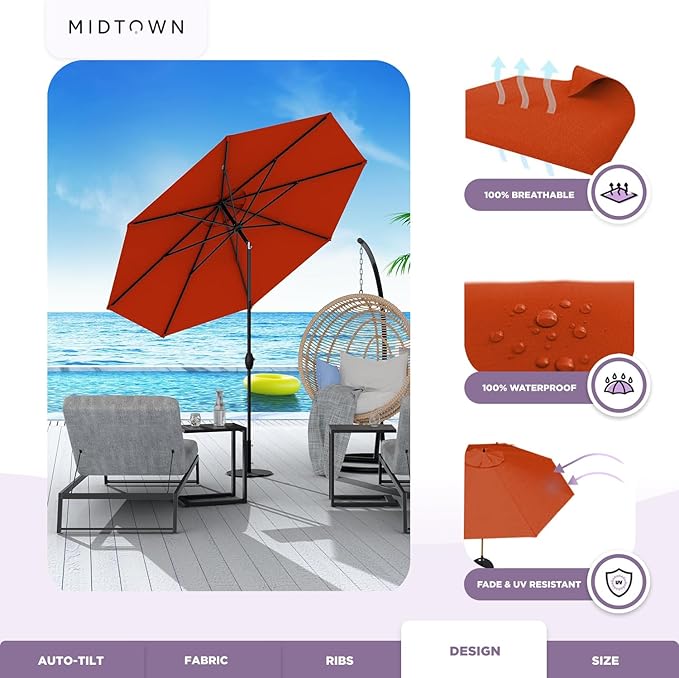 Midtown Umbrellas 10-Year-No-Fade - 8 Ft - UV Proof Apple (Red) Polyester Fabric - Umbrella Outdoor Patio, Auto-Tilt Aluminum Frame Patio Umbrella for Garden, Pool & Deck - Black Pole