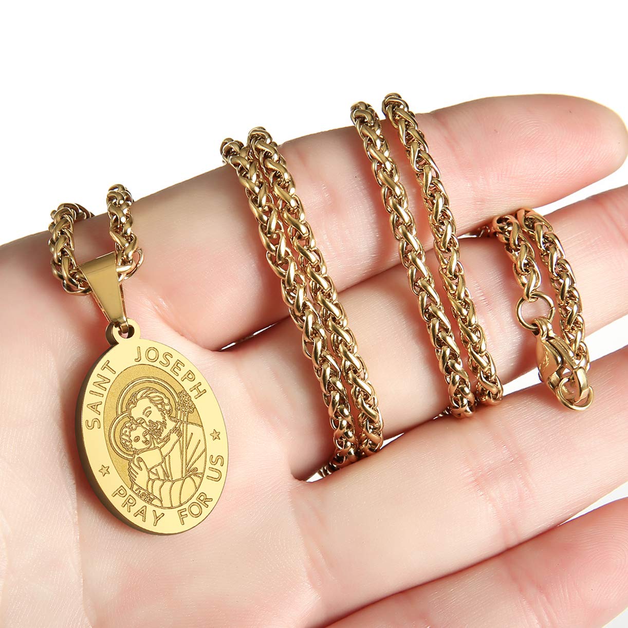 Zocomi 18K Gold Plated Saint St Joseph Medal Necklace for Men Boys, St. Joseph Pendant Chain Jewelry Catholic Christian Religiou