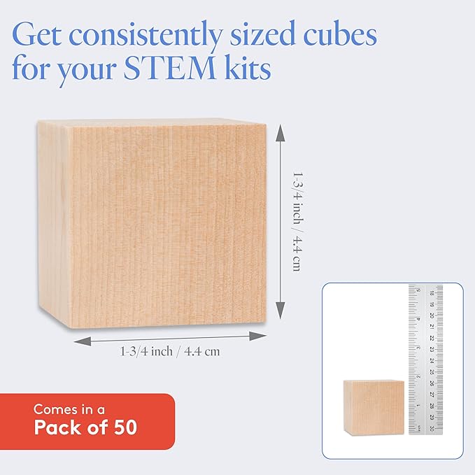 Wooden Blocks, 1-3/4 Inch Unfinished Wood Blocks for Crafts, Pack of 50 Wooden Cubes, Plain Wooden Blocks for Baby Shower, Small Blank Wooden Blocks, STEM, Building, Birch Wood Cubes for Crafts