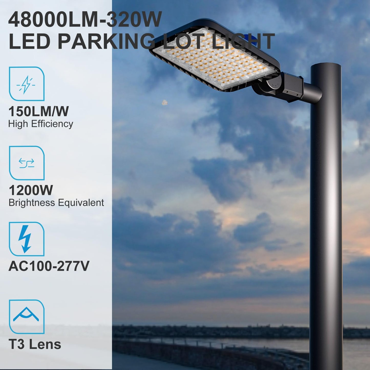 Lightdot 320W (350X1W) Led Parking Lot Lights 48000Lm(150Lm/W) 5000K Parking Lot Lights Slip Fitter Mount Outdoor 6Kv Spd Smart Dusk To Dawn Led Pole Lighting -2Pack 7Yrs Warranty