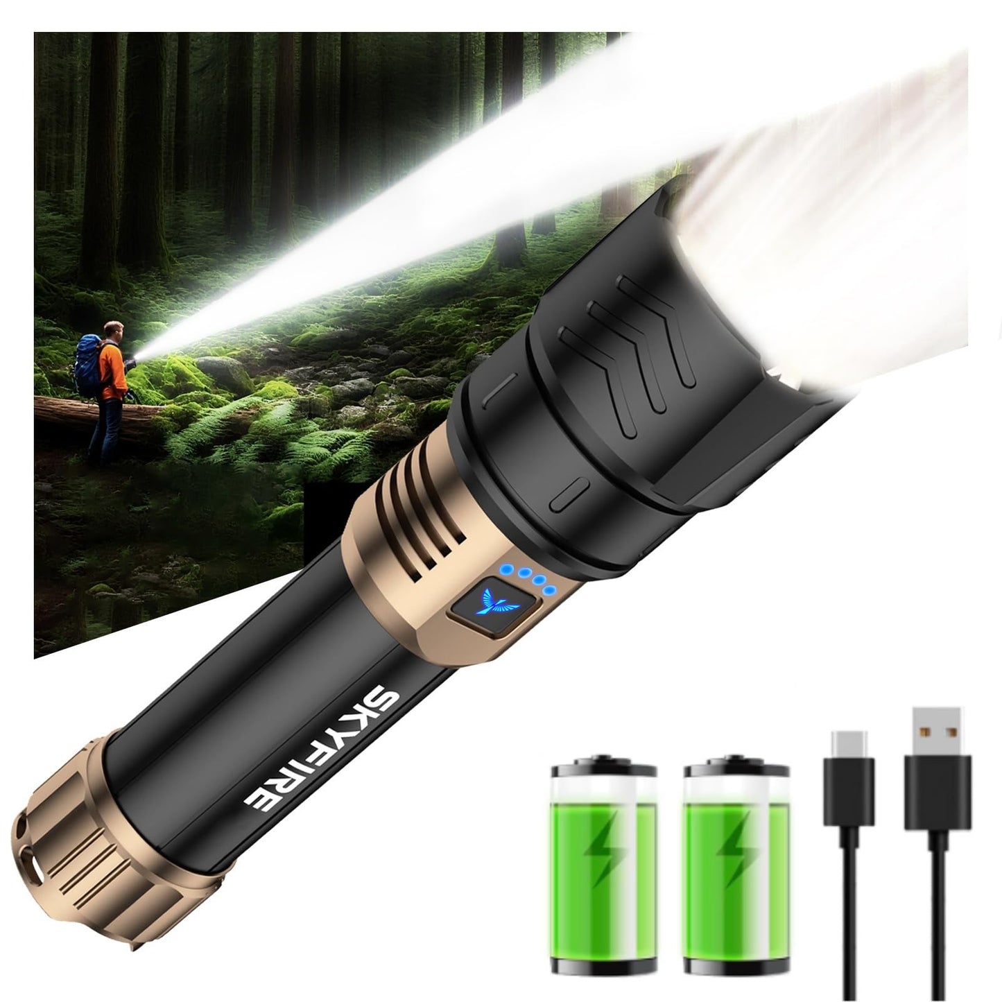 Skyfire Rechargeable Flashlight High Lumens Led Flashlight With 8000Mah Zoomable Four Modes Waterproof Bright Flash Light For Camping Essentials Outdoor Home-No Lens