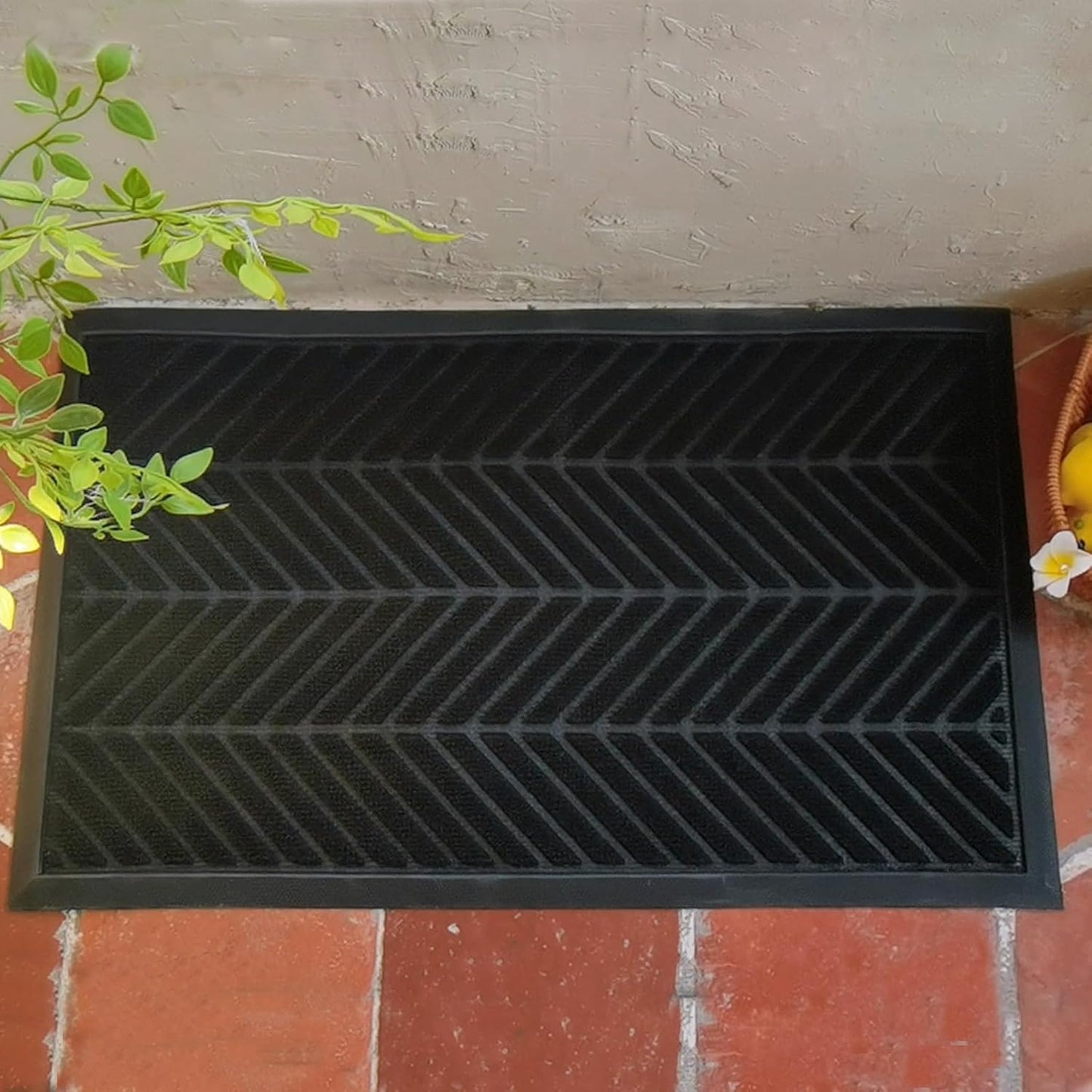 Front Door Mat 29.5"x17" Indoors Outdoors Welcome Mats, Waterproof Non-Slip Rubber Backing Heavy Duty Doormat Outside Entrance, Low Profile Entryway Rugs Floor Mat for Patio, Pattern A Black