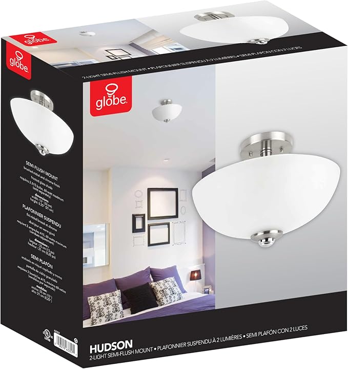 Globe Electric 63357 2-Light Semi-Flush Mount Ceiling Light, Brushed Nickel, Chrome Accents, Frosted Glass Shade, Kitchen, Lights, Bathroom, Home Essentials, Bedroom, Closet Light, Lighting Fixtures