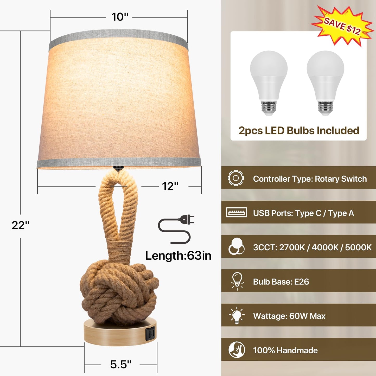Vallerico 22in Rope Table Lamps Set of 2, Boho Design, USB Ports, Hemp Rope Rattan, Brown, Model VR-RTB-W2