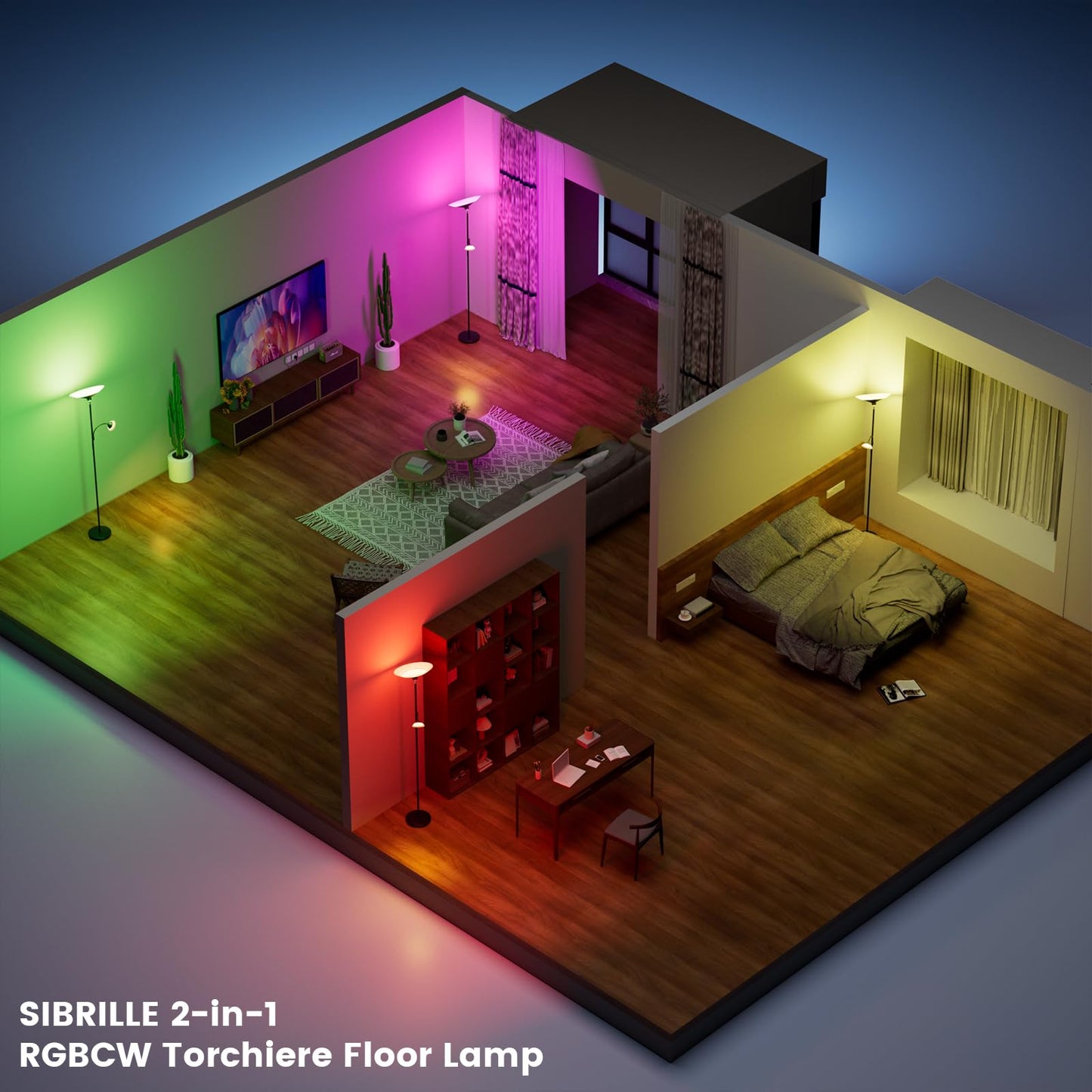 SIBRILLE RGB Torchiere Floor Lamp - 2 Way Dimmable LED, 34W, 72in  Tall, Metal, Black with RGB, Model MF30021.3