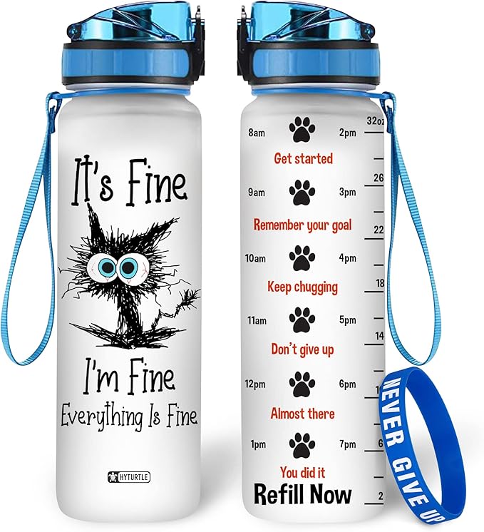 Hyturtle Cat Water Bottle - 32 Oz 1Liter Motivational Bottle With Time Marker, It's Fine I'm Fine Everything Is Fine Water Bottle Gifts For Daughter Farm Girl Cat Pet Lover Christmas Birthday