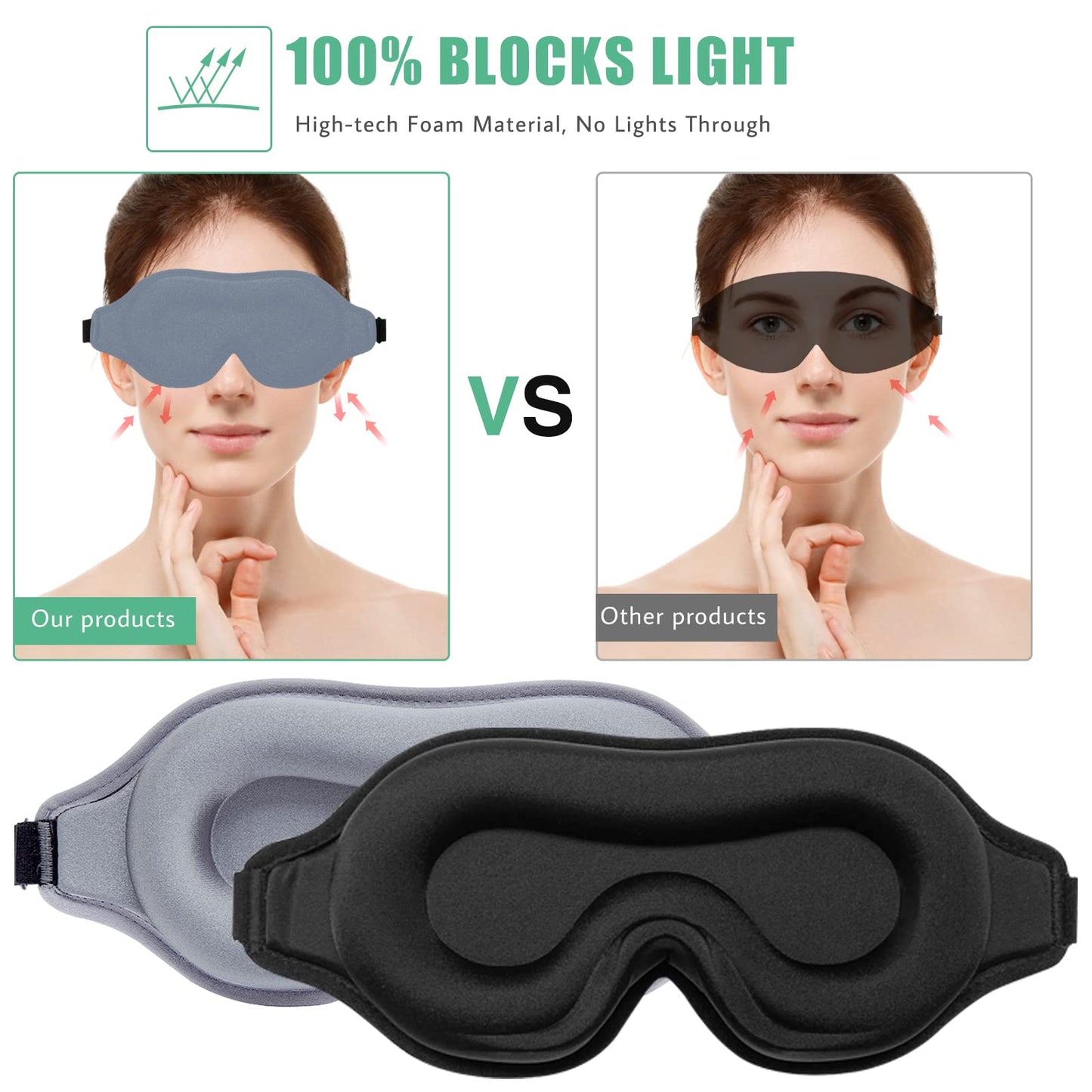 BeeVines Sleep Mask, 2 Pack 3D Contoured Sleeping Eye Masks for Lash Extensions, Night Molded Covers with Adjustable Strap, Eye Shade Cover Lashes Extension for Traveling Yoga Nap(Black & Grey)