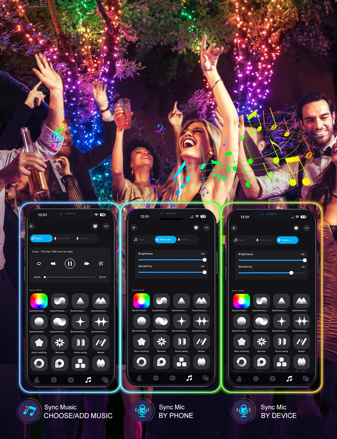 echosari Smart String Lights, 100 LED RGB Color Changing, 33 Ft Dark Green Cable, Remote & App Control, Music Sync