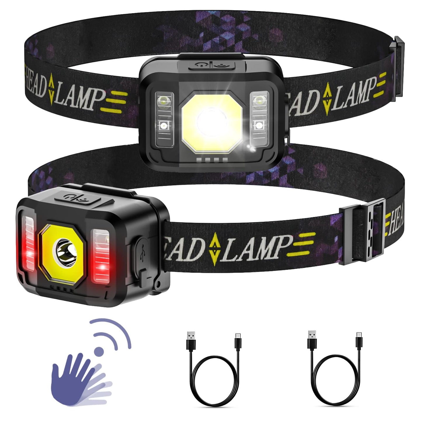 Pluralla Rechargeable LED Headlamp, 6 Modes, Motion Sensor, 2 Pack, Black, Model 607, ABS Material