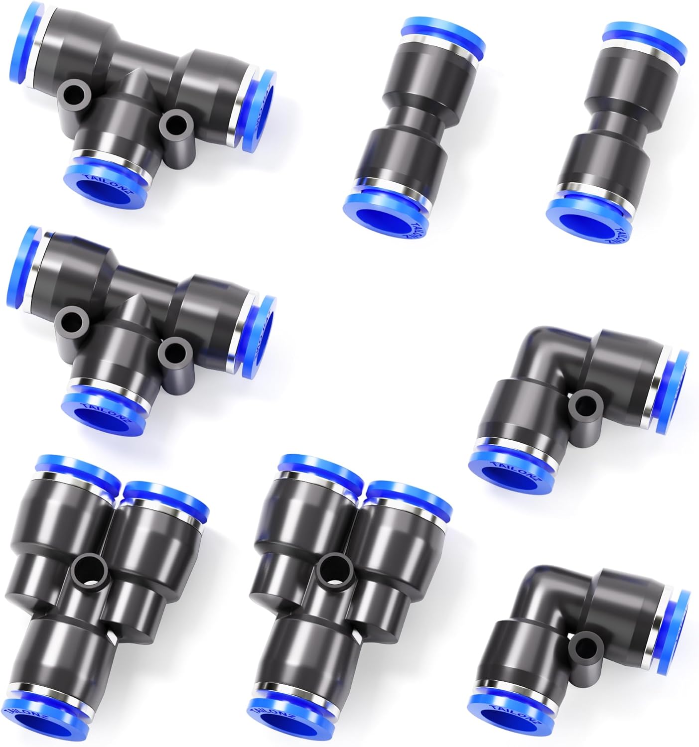 TAILONZ PNEUMATIC 10mm od Push to Connect Fittings Pneumatic Fittings Kit 2 Spliters+2 Elbows+2 tee+2 Straight (8 pcs)