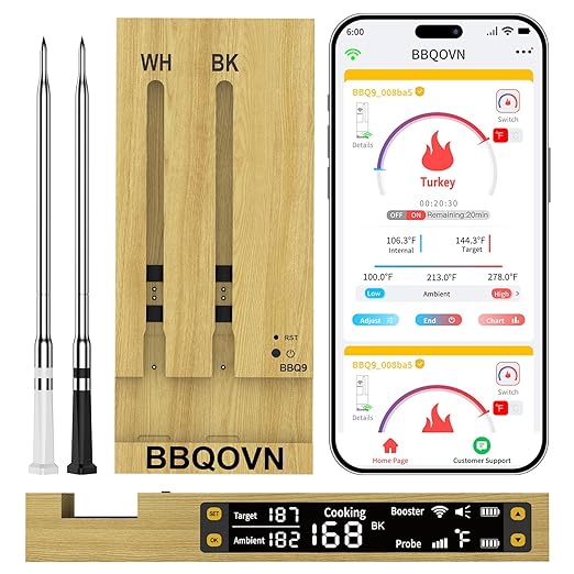 WIFI Wireless Meat Thermometer Unlimited Range 7 NIST Certified Accuracy Sensors Sub-1G(10X Stronger than Bluetooth)APP&Magnetic Smart Digital Base for BBQ,Oven,Smoker,Grill (2, black, small)