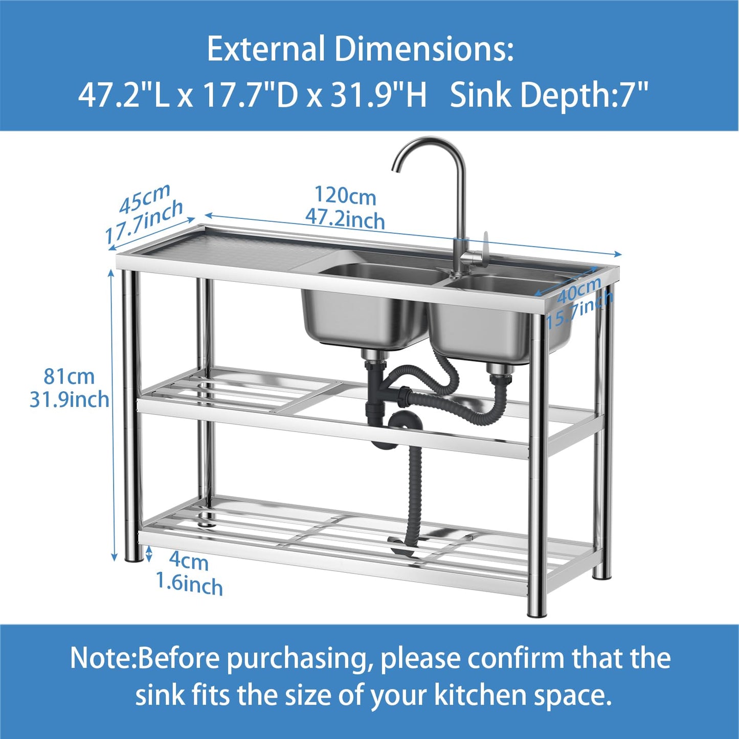 DuyviSteil 2-Compartment Commercial Sink, Stainless Steel Utility Sink with Dual-inlet Configuration Faucet Workbench & Storage, Free Standing Double Bowl for Restaurant, Garage, Shop, Outoor(47in)