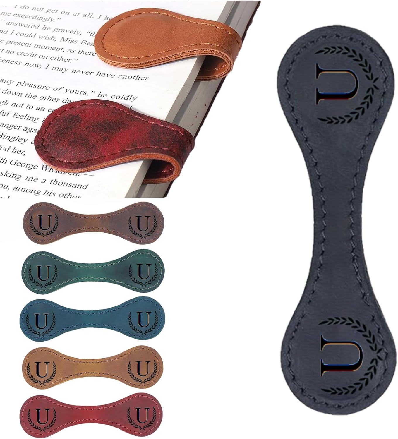 Personalized Magnetic Leather Bookmark, 26 Letters Custom Leather Bookmarks, Handmade, Leather Magnetic Bookmark for Book Lovers Readers Women Kid(Black，U）