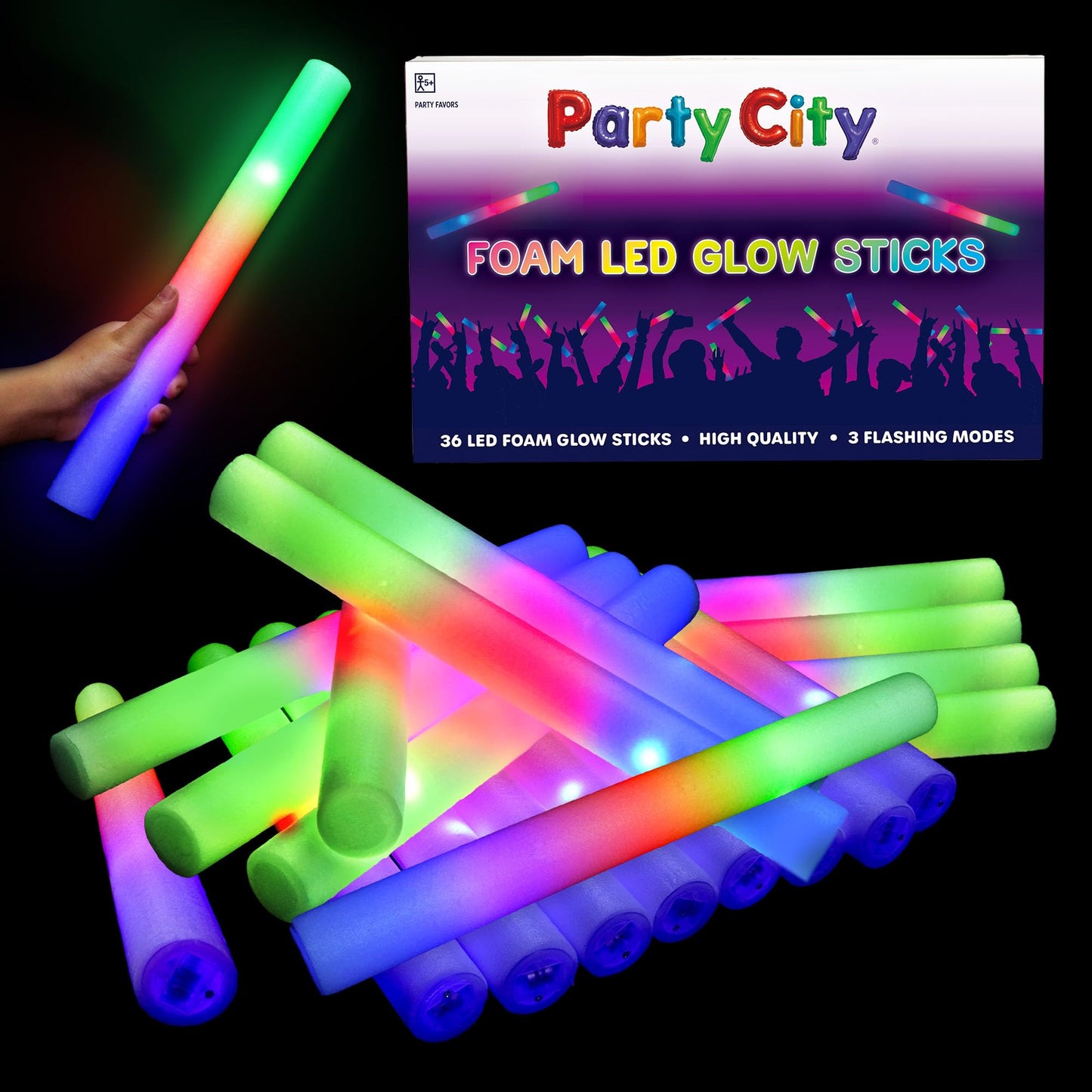 Party City 36Pk Led Foam Glow Sticks 14 - Glow In The Dark Party Supplies Favors  Colorful Flashing Wand With 3 Modes  Foam Light Up Sticks Bulk Party Pack For Wedding  Birthday  Concert  Halloween
