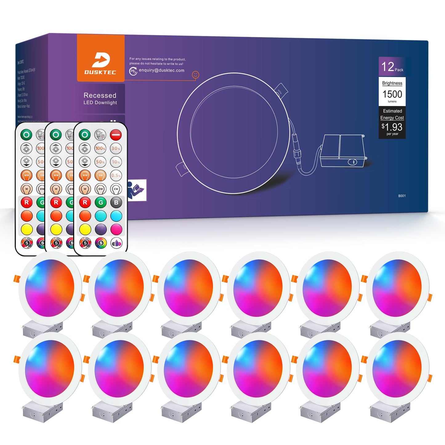 DUSKTEC 6 Inch Canless Recessed Lighting, 16W 1500 Lumen, RGB+5CCT, Dimmable, 12 Pack, Aluminum, Model TD