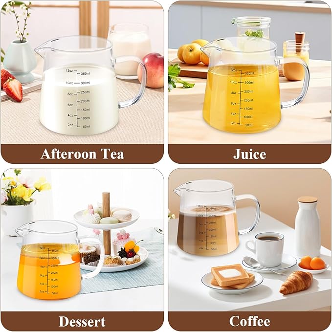 4 Pack 12oz Coffee Measuring Glass Cups, Heat Resistant Espresso Shot Pitcher Glass Cup, Microwave & Dishwasher Safe Milk Frothing Pitcher Creamer Container