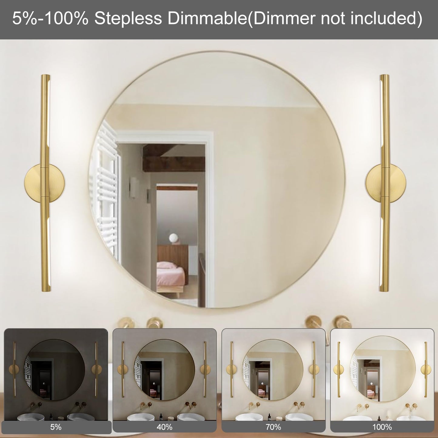 Linseeds Gold Bathroom Light Fixtures Over Mirror 24 Inch  18W 360 Rotatable Dimmable 4000K Led Brass Vanity Lighting Fixture  Brushed Gold Bathroom Vanity Lights Above Mirror