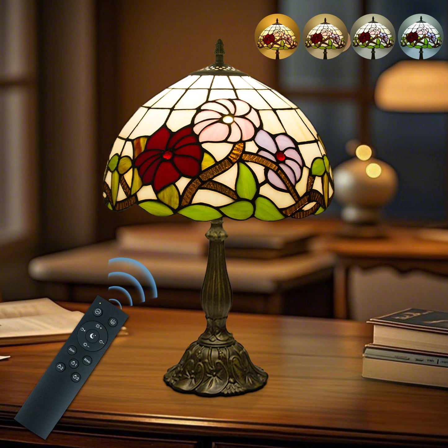 Crefotu Tiffany Table Lamp, 12 Inch, Stained Glass, Remote Control, Stepless Dimmable, Three Flowers, Model CFLP-0003