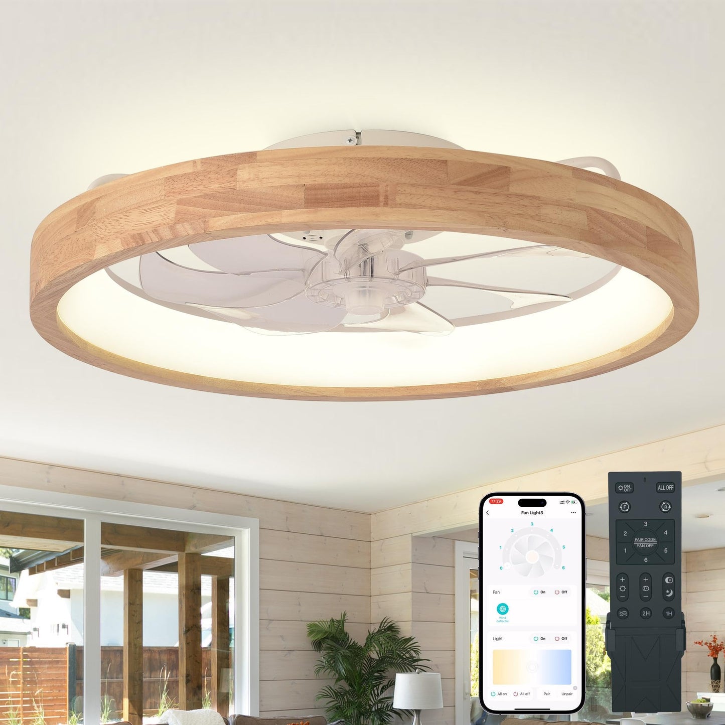 Oaks Aura 24    Low Profile Ceiling Fan with Light,3 Color Dimmable LED,6 Speeds,Reversible DC Motor,Wooden Flush Mount Ceiling