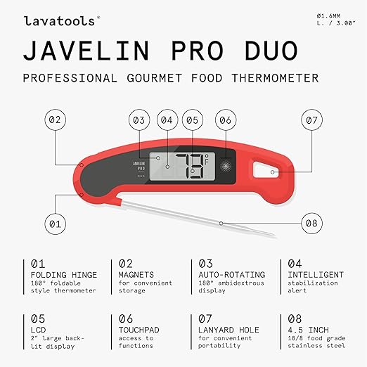 PX1D Javelin PRO Duo Ultra Fast Professional Digital Instant Read Meat Thermometer for Grill and Cooking, 4.5" Probe, Auto-Rotating Backlit Display, Splash Resistant – Tangerine