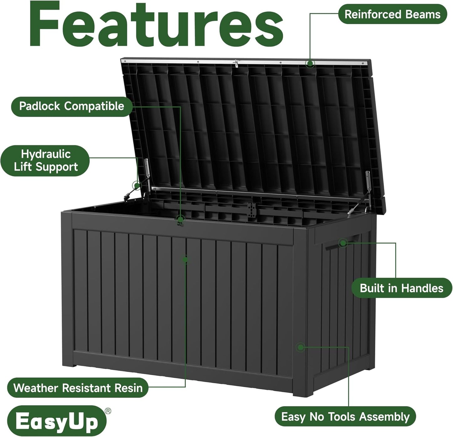 260 Gallon Outdoor Storage Box Waterproof, UV Resistant Resin Deck Box with Hydraulic Rod, Lockable Design and Enhanced Durability for Patio, Garden, and Poolside Use
