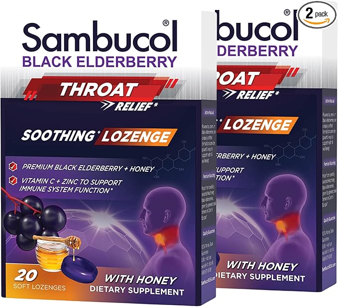 Sambucol Black Elderberry Throat Lozenge - with Honey, Vitamin C & Zinc, Elderberry Lozenges Sore Throat & Cough, Soothes Scratchy Throat, Soft & Chewy - 2 Pack (40 Total Pastilles)