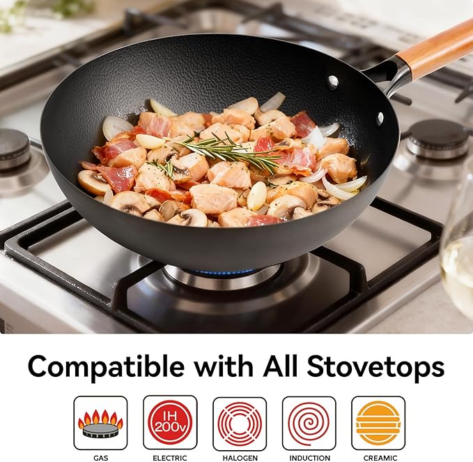 WANGYUANJI 12.6 Inch Wrought Iron Wok with Standable Glass Lid, Chemical-Free Flat Bottom Stir Fry Pan for Induction, Gas, and Electric Stoves