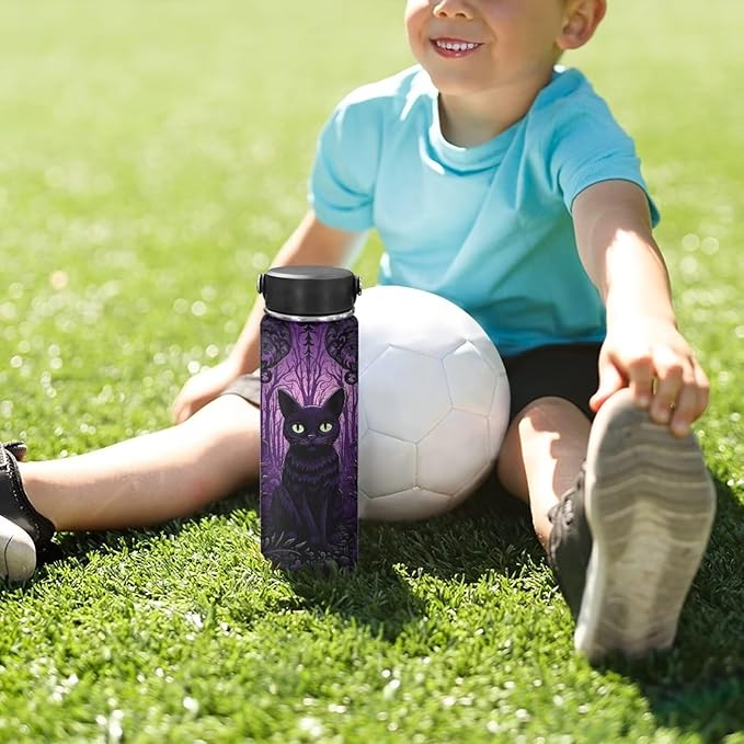 Cat 18 Ounce Water Bottle for Girls Insulated Water Bottles Wide Mouth Stainless Water Bottles Vacuum Reusable Water Bottle Black Cat Cute Kitten Thermal Bottle Purple Black