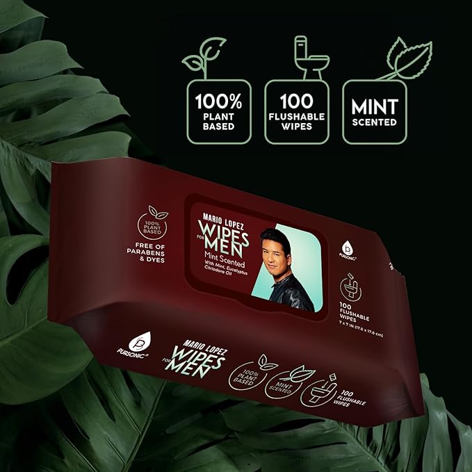 Pursonic Mario Lopez Mint Flushable Wipes for Men - 12 Packs 100Ct(1200 Total) - Plant-Based Face & Body Wipes for Gentle, Refreshing Daily Hygiene