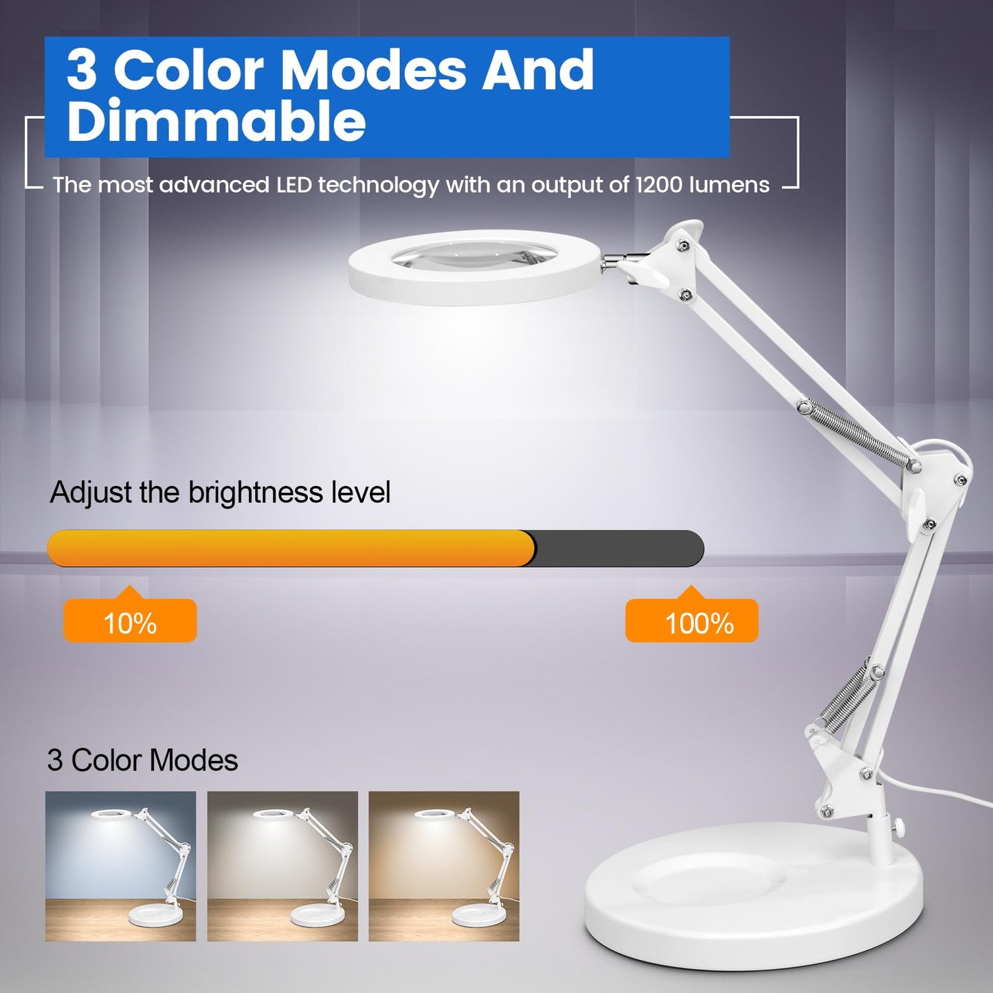 KIRKAS 10X Magnifying Glass with Light, Stepless Dimmable LED Lamp, Clamp, White, Model 10X TJ-WHITE