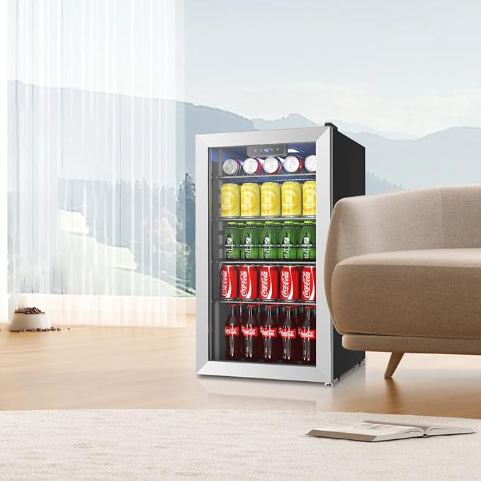 Mini fridge,116 Can Beverage refrigerator cooler with Glass Reversible Door for Soda Beer Wine, 3.2 Cu.ft Small Refrigerator for Home Kitchen, Adjustable Removable Shelves,Hidden Door Handle