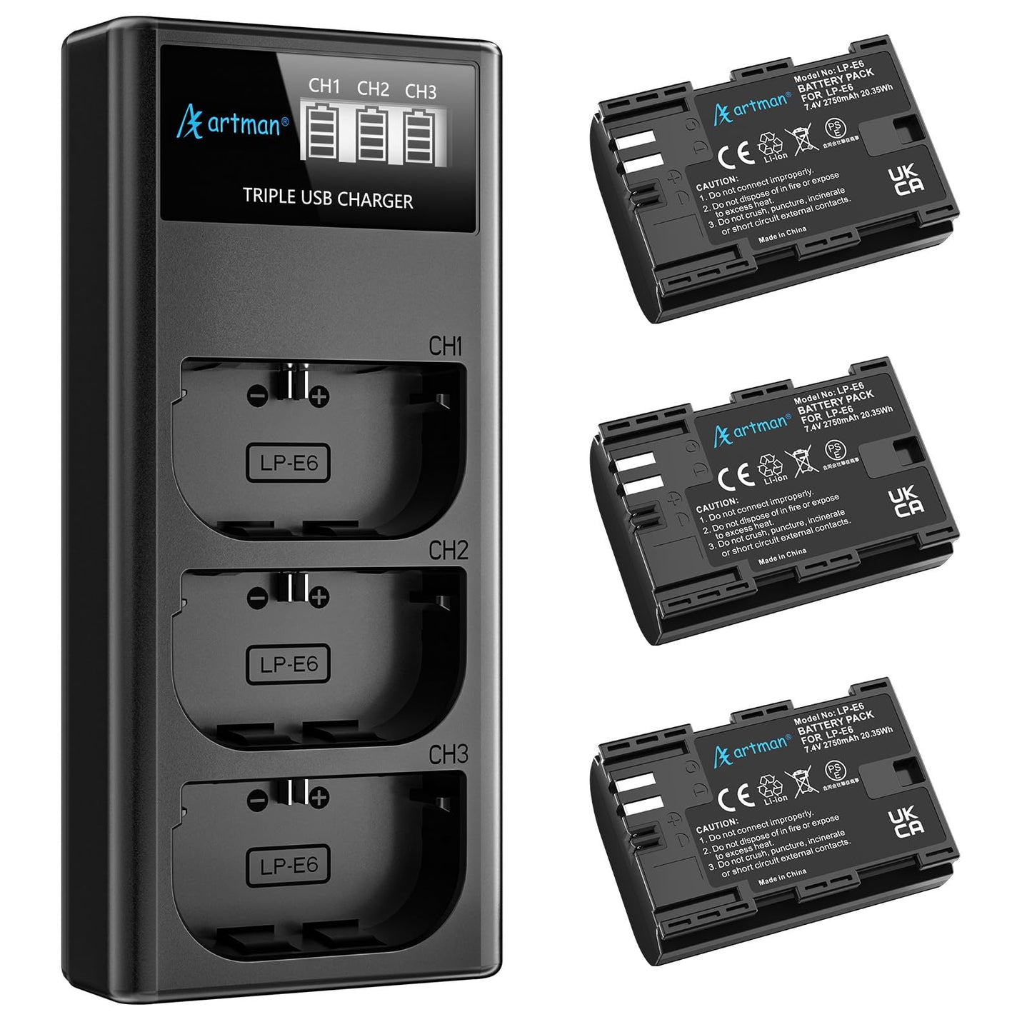Artman LP-E6N LP-E6 Battery 3-Pack 2750mAh and 3-Slot LCD Charger for EOS R R5 R6 R7, R5 C, R6 Mark II,EOS 5D Mark II III IV,5D SR,6D Mark II 7D Mark II,6D 7D 90D 80D 70D 60D 60DA,XC10 XC15 Camera