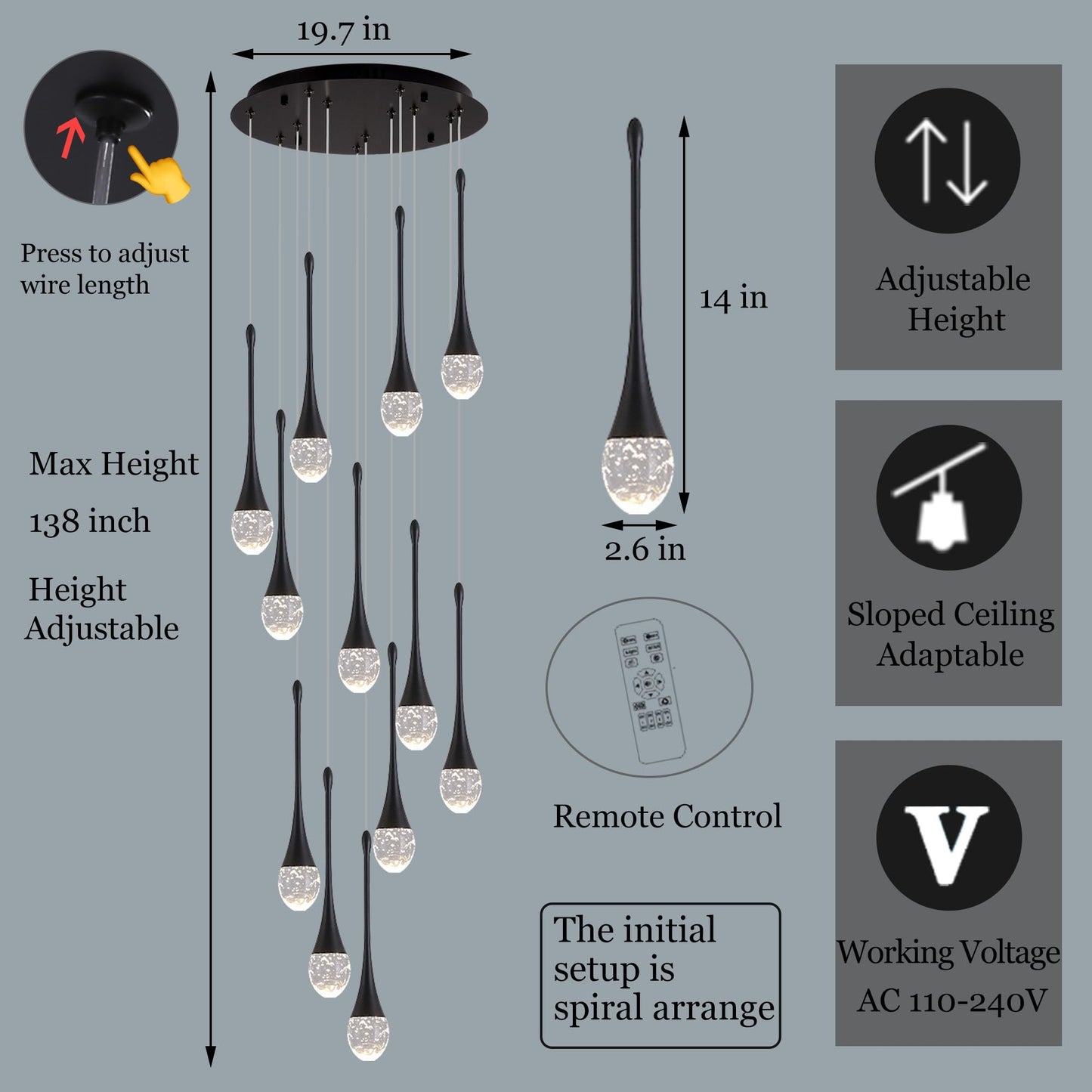 Upfelw Crystal Staircase Chandelier 12 Lights Dimmable LED Black Model UCC-B12-0436