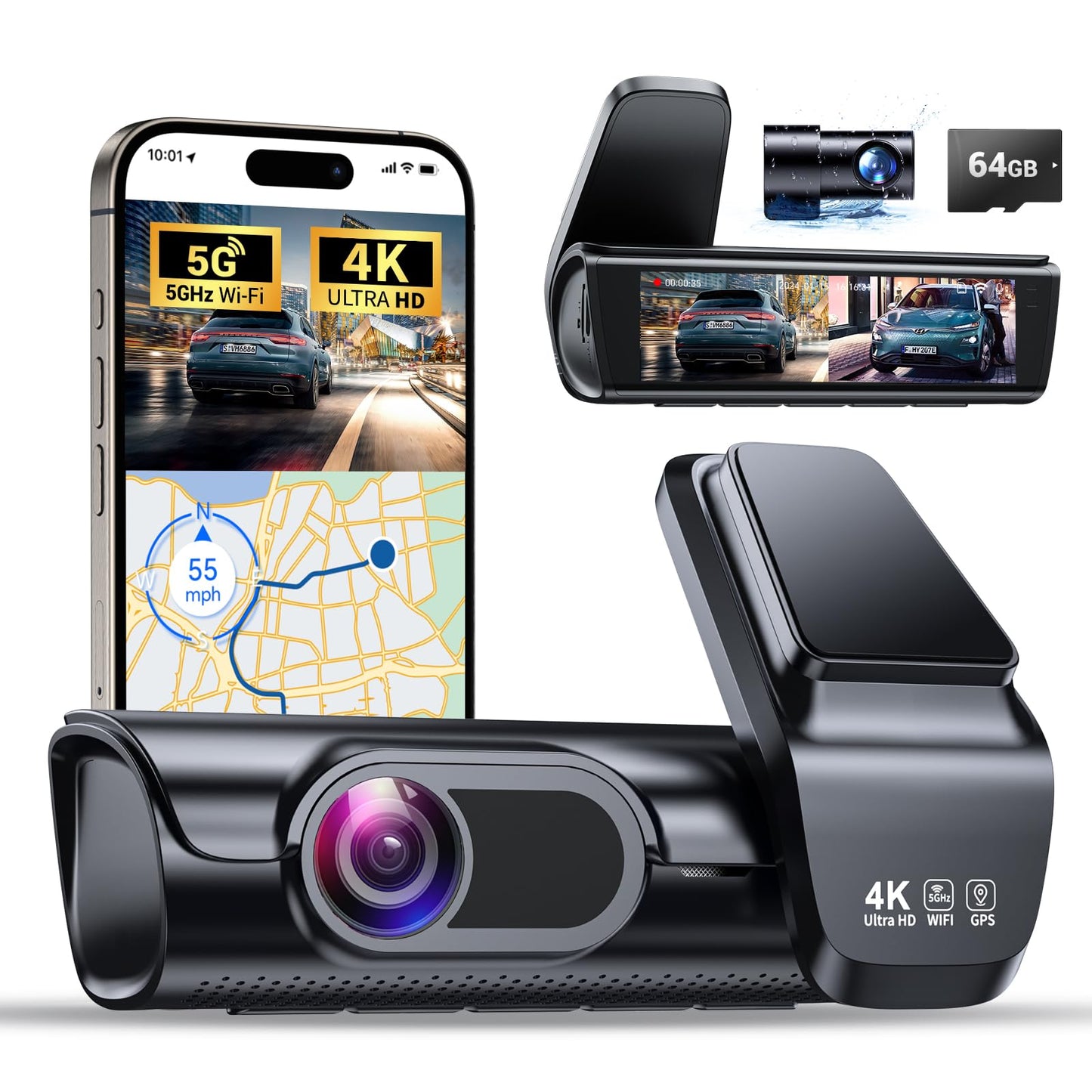 OVAMAN K600 4k Dash Cam Front and Rear, 3.59 IPS Screen, Built-in GPS 5G WiFi Dash Camera for Cars with App, UHD 2160P Night Vis