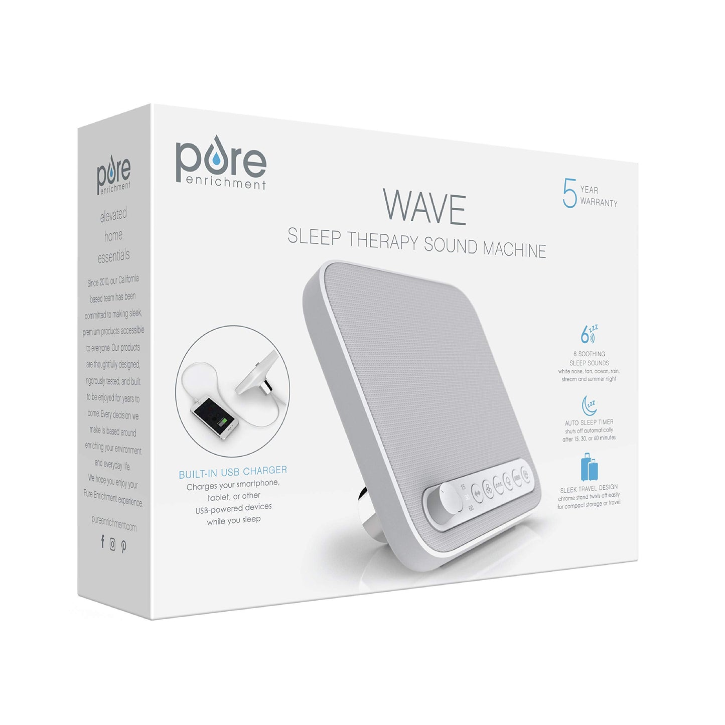 Pure Enrichment Wave Premium Sleep Sound Machine with USB Charger - Seamless Looping with 6 Soothing All-Natural Sounds, & Auto-Off Timer - Easily Portable for Travel (White) Patented Design