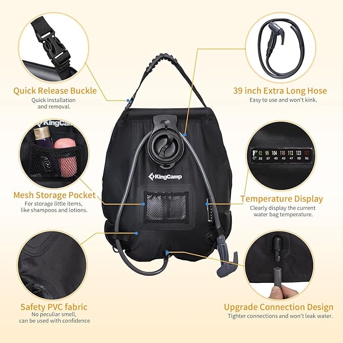 KingCamp Solar Shower Bag, Leak-Proof Design Camping Shower Bag with Thermometer, Removable Hose & Switchable Shower Head, 5 gallon/20L