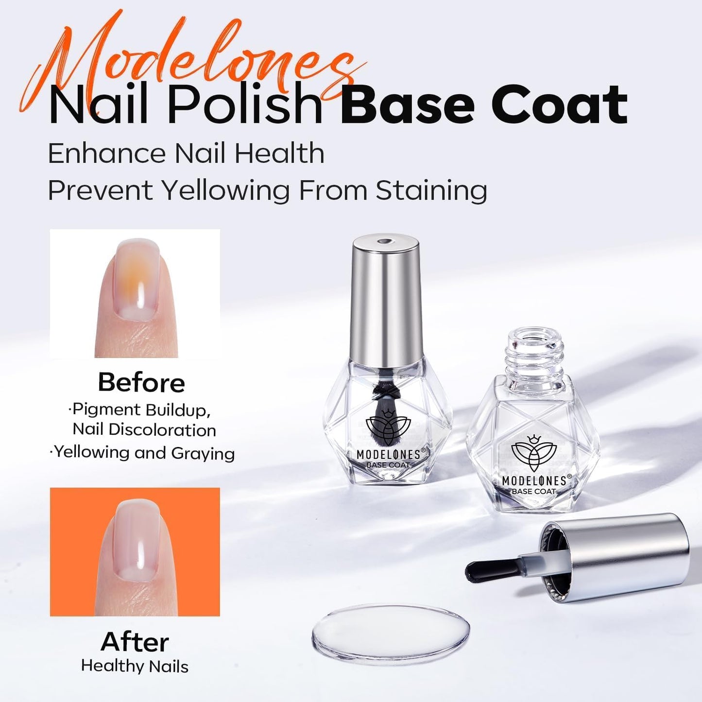 modelones 2 Pcs No Wipe Top Coat and Base Coat Nail Polish Set, Clear Quick Dry Nail Polish High Shine Long Lasting Glossy Regul