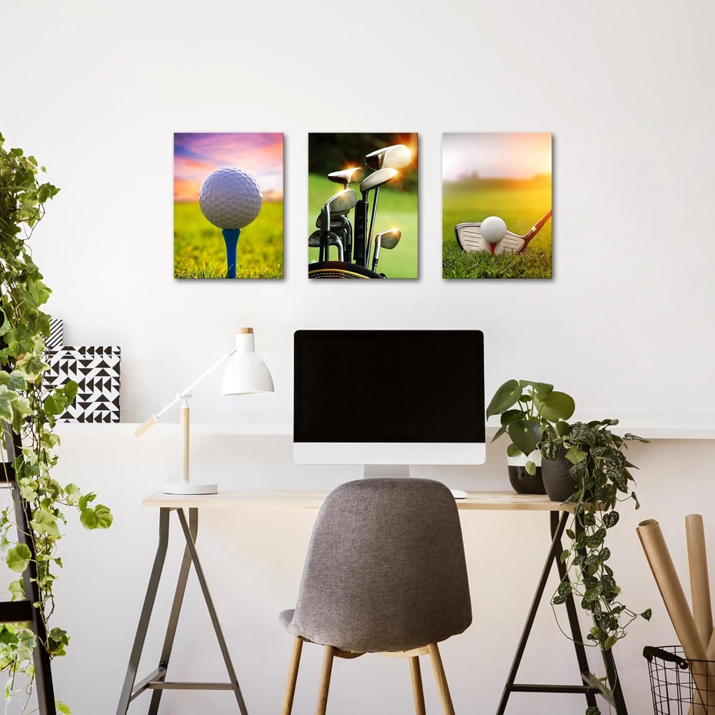 LyerArtork 3 Piece Golf Wall Art Canvas Prints Golf Ball Course Sunset Landscape Pictures Sports Artwork Wall Decor for Gym Club Office Bedroom Living Room Ready to Hang 12x16inchx3
