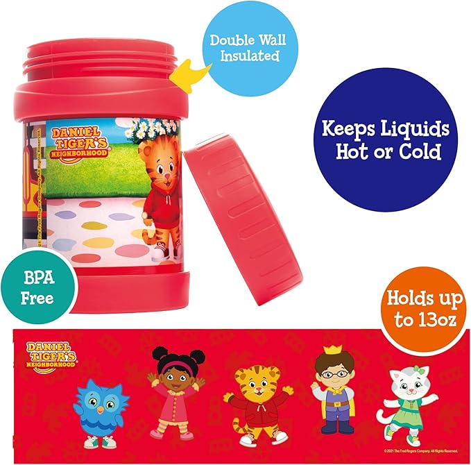 Daniel Tiger's Neighborhood Stainless Steel 13 oz Food Jar for Kids, Red -Double Wall Insulated, Leak-Proof thermos Jar Keeps Liquids & Food Hot or Cold for Hours-Fits Inside All Lunch Boxes & Bags