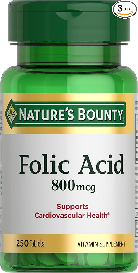 Nature's Bounty Folic Acid 800 mcg Tablets Maximum Strength, 250 Count (Pack of 1)