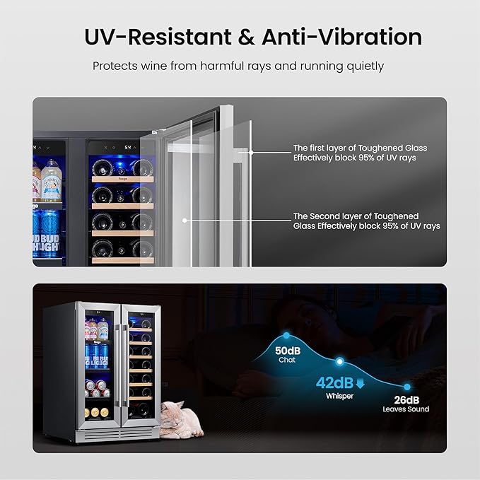 Yeego Wine and Beverage Refrigerator, 24" Dual Zone Upgraded Wine Beverage Cooler Built-In or Freestanding Wine Fridge with Glass French Door,Large Capacity Beer Fridge Holds 20 Bottles & 60 Cans