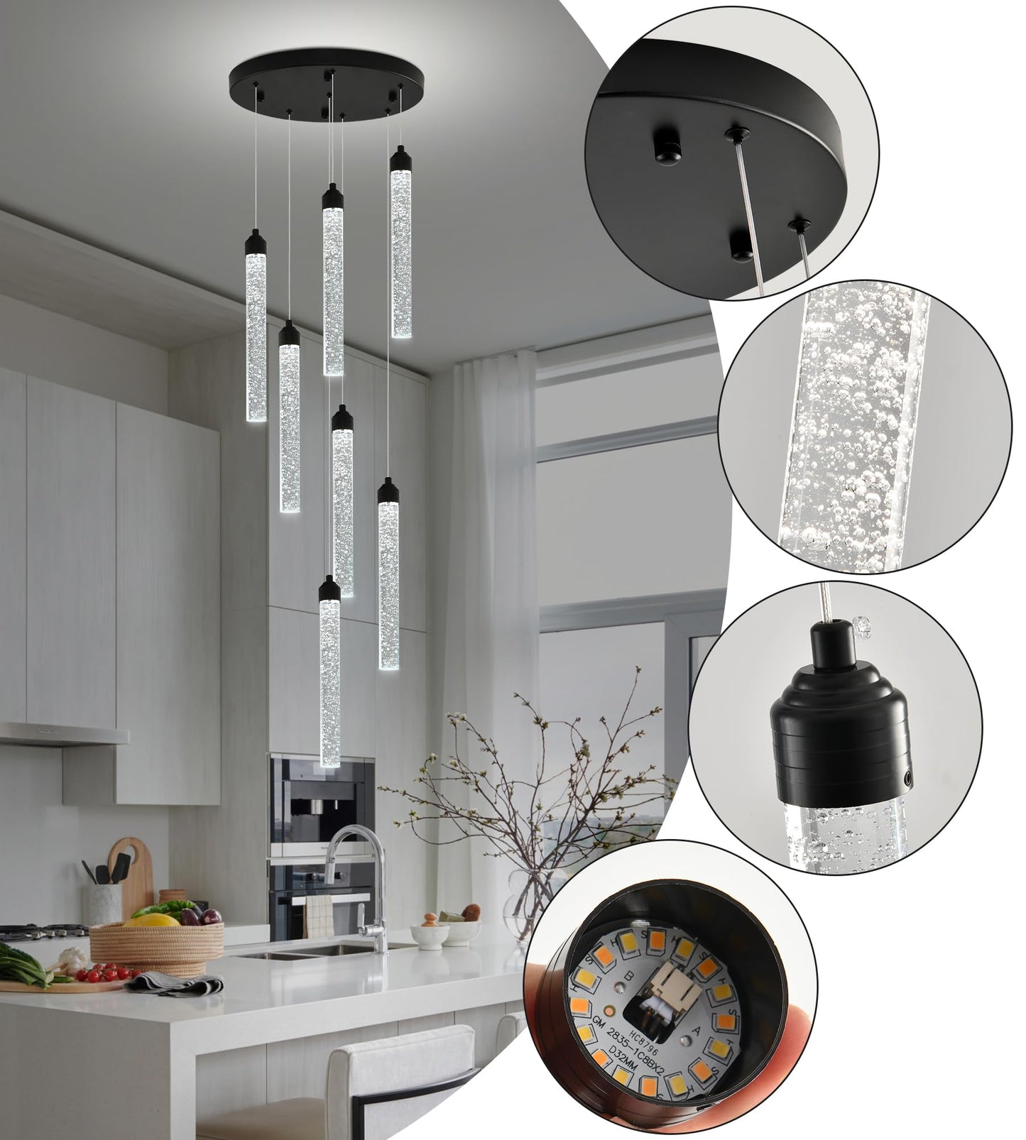 7-Lights High Ceiling Crystal Staircase Chandelier Black Pendant Lights Modern Spiral Raindrop Dimmable Led Bubble Cluster Ceiling Hanging Lighting Fixture For Foyer Living Room Remote Control