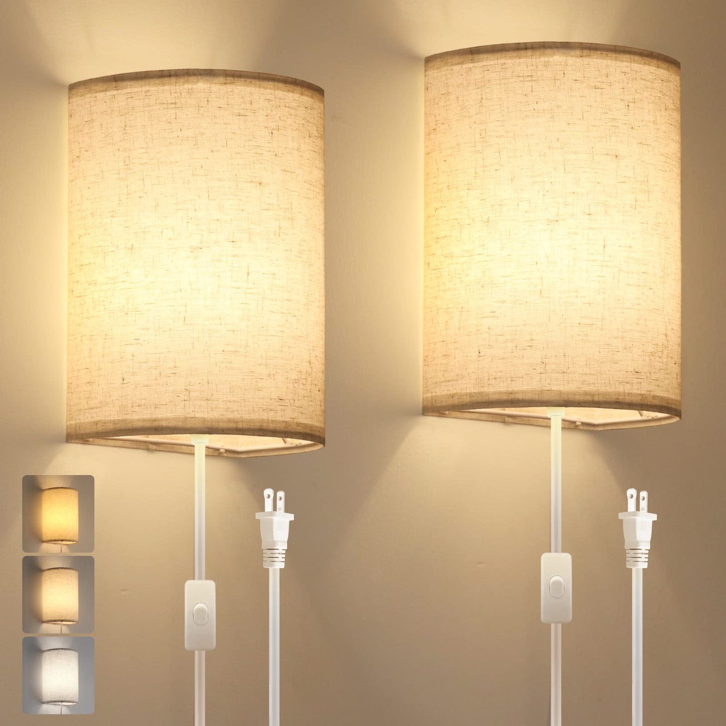 Beser?Win Plug in Wall Sconce Set of Two, Rustic Fabric Lamp with On/Off Switch, Beige