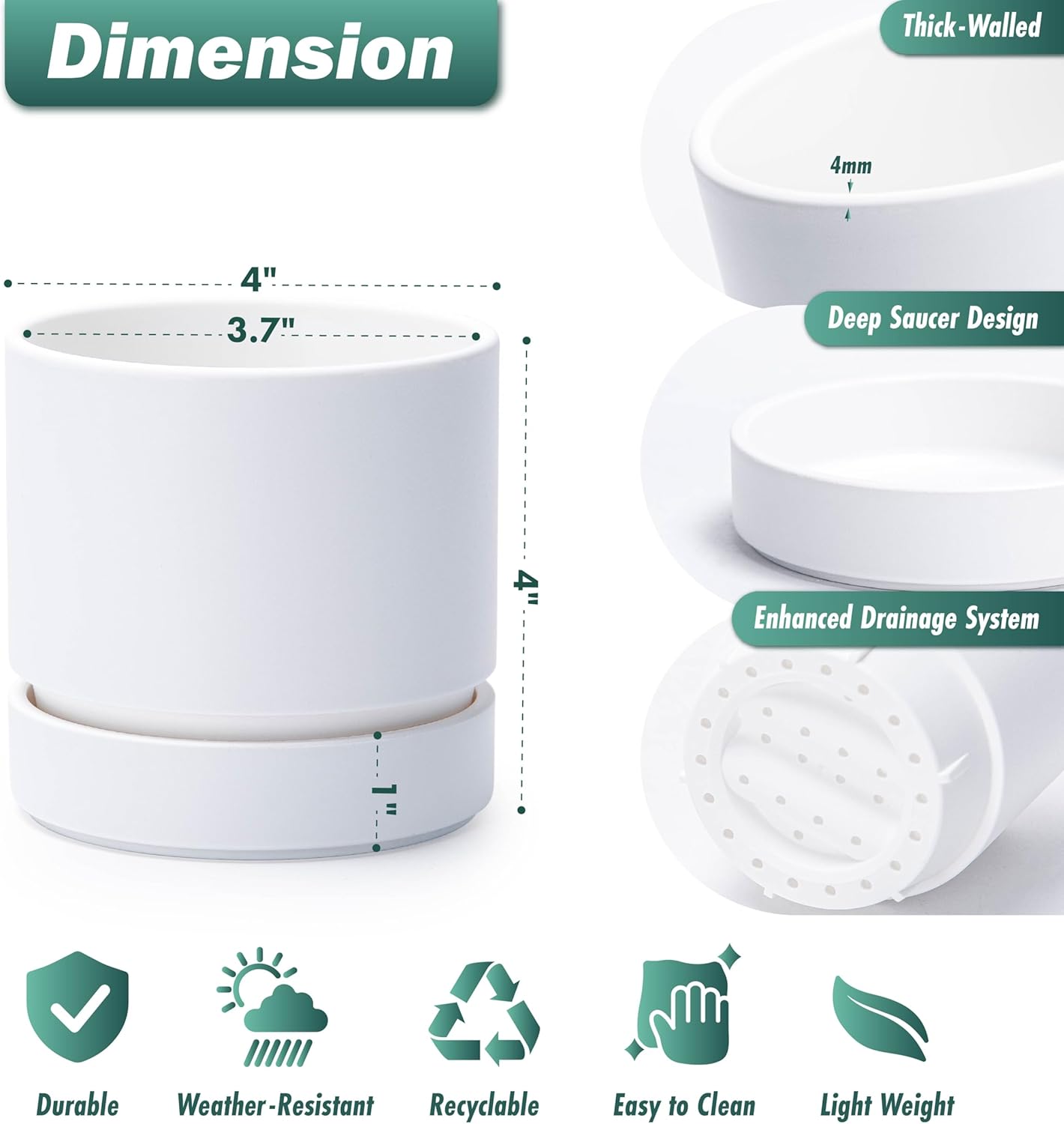 Phoenix Vine 4 Inch Planter Pot with Drainage Hole & Saucer, Deep Water Catch Tray, Straight Cylindrical Round Pot for Plants, Matte White, Pack of 3, 23-B-R-3