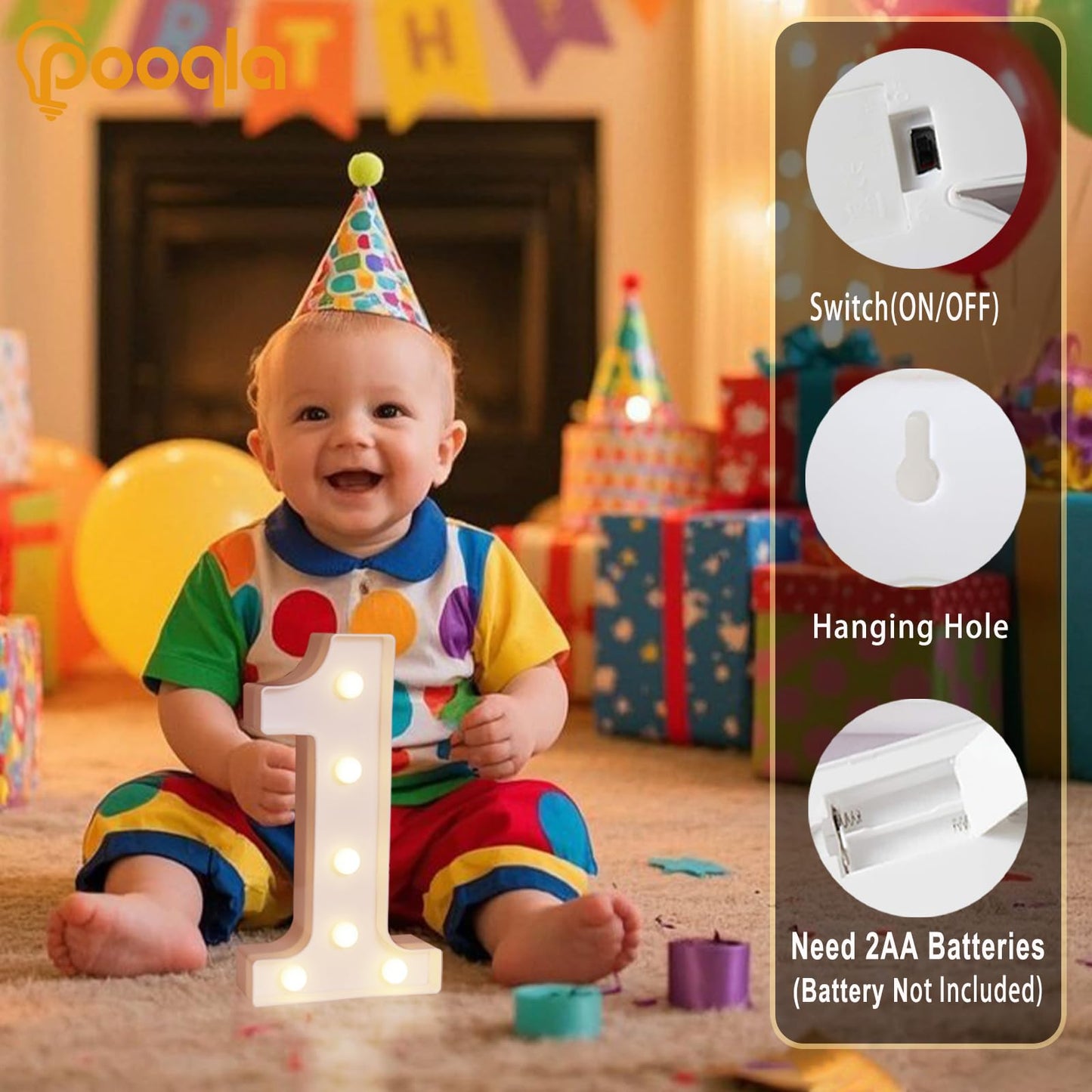 Pooqla Decorative LED Light Up Number Sign, Battery Operated, Plastic Marquee Number 1, White