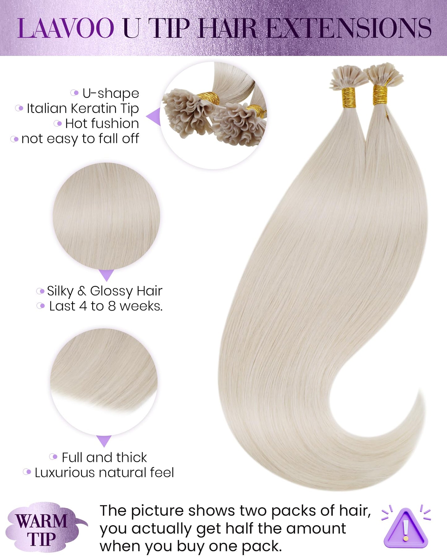LaaVoo Blonde U Tip Hair Extensions Human Hair Platinum Blonde K Tip Hair Extensions Real Human Hair 22 in Ktip Human Hair Exten