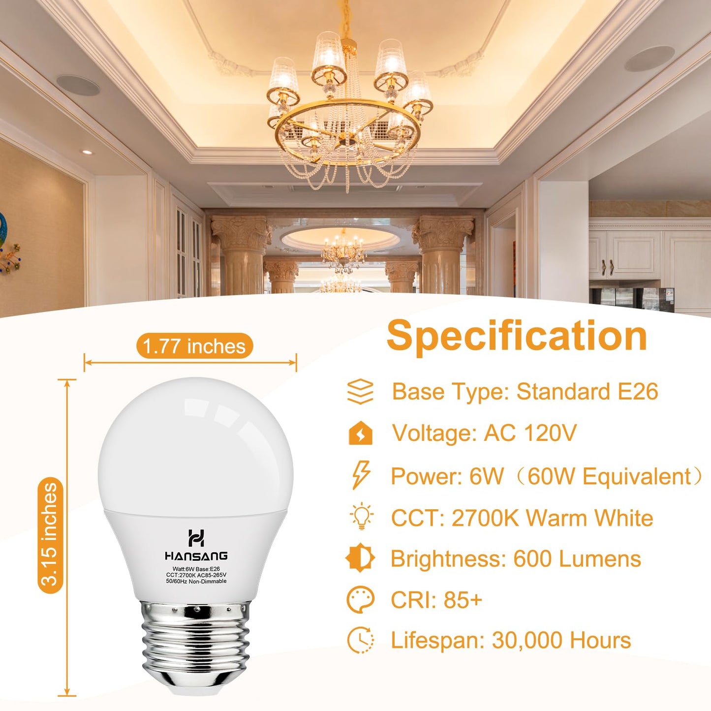 hansang E26 LED Light Bulb, 2700K Warm White, 60W Equivalent, A15, 600lm, 6 Pack, Aluminum