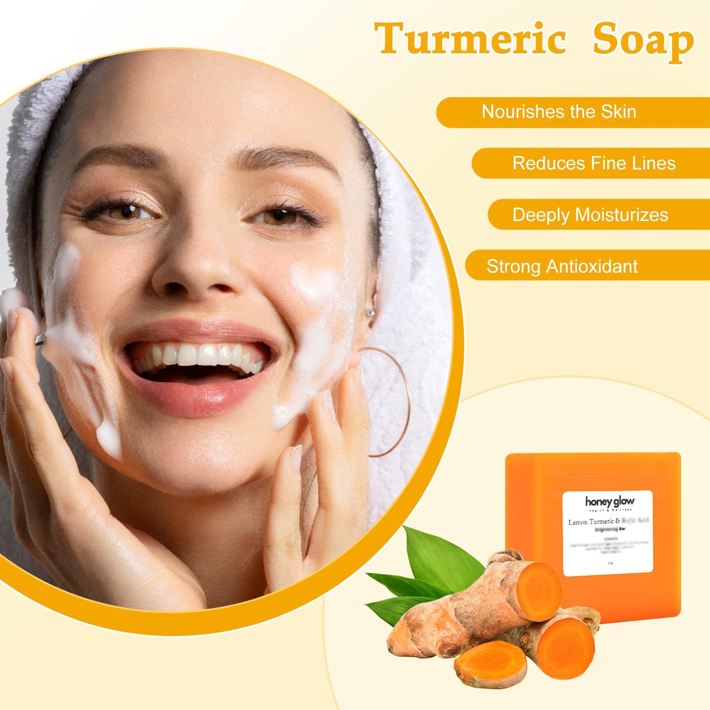 cijikos Honey Glow Lemon Turmeric Kojic Soap Bar, Honey Glow Turmeric Soap, Lemon Kojic Soap, Turmerices Soapes Bar for Face & B