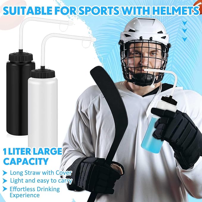 Domensi 4 Pack 1 Liter Sports Water Bottle W/Long Straw Hockey Lacrosse Water Bottle with Straw BPA Free Easy Squeeze Plastic Use W/Sport Helmet in Football Baseball Gym Yoga(Black, Translucent)