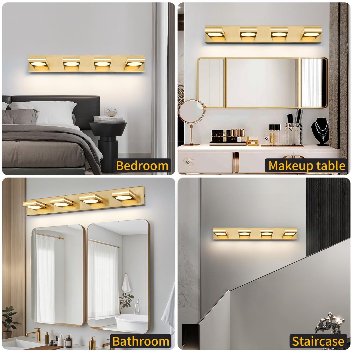 Okeli 4-Light Led Bathroom Vanity Light Fixtures  Gold Modern Bathroom Wall Lighting Fixtures Over Mirror (3Cct  3000K-6000K)